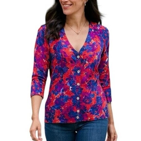 Talbots Sweater V-neck Cardigan Button Down Pink Blue Floral Women's MP Petite - Picture 1 of 11